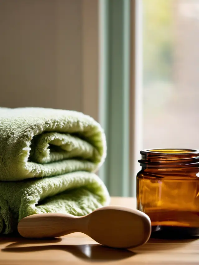 An amber jar, a wooden brush and folded green towels by a sunny window