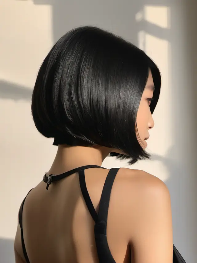A sleek, glossy black layered bob seen from behind