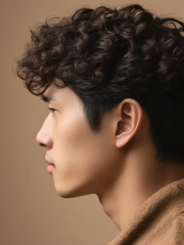 A man with a soft, curly textured perm, in side profile